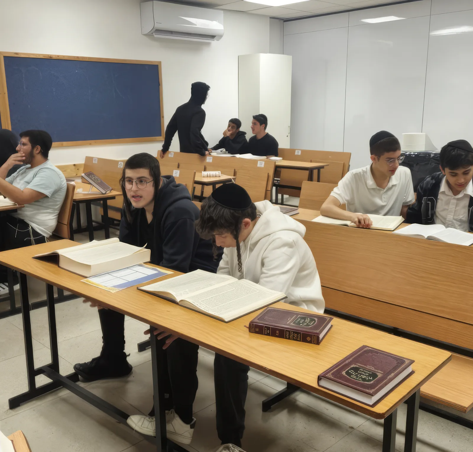 תלמידים לומדים בספרים ליד שולחנות בכיתה