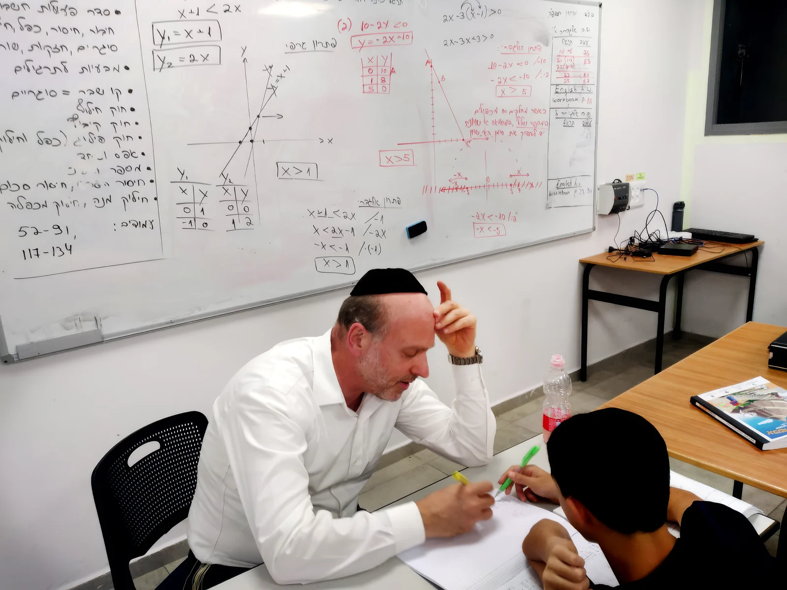מורה לומד עם תלמיד אחד על אחד מול הלוח