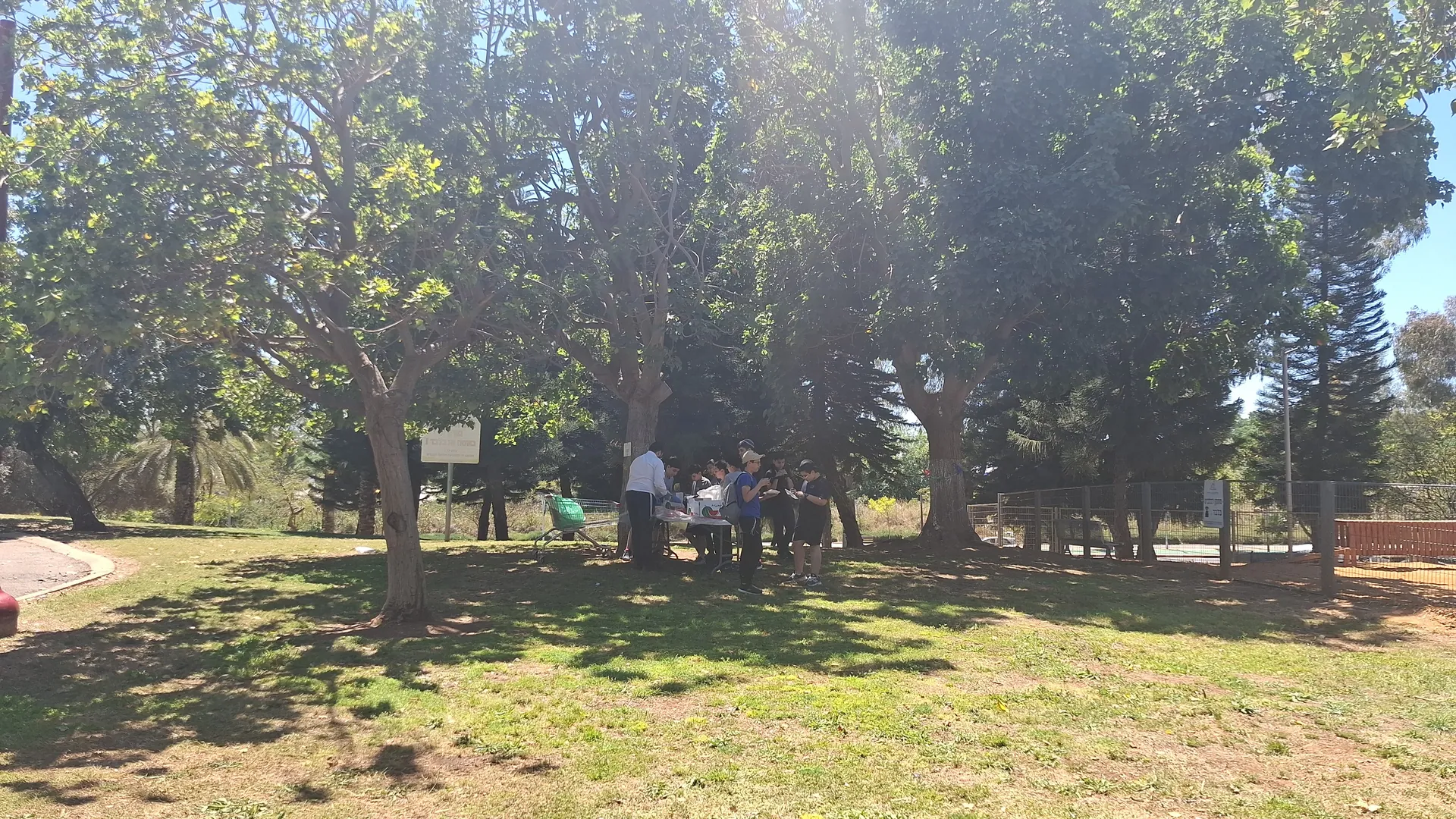 קבוצת תלמידים ליד שולחן אוכל תחת עצים - יום גיבוש בפארק